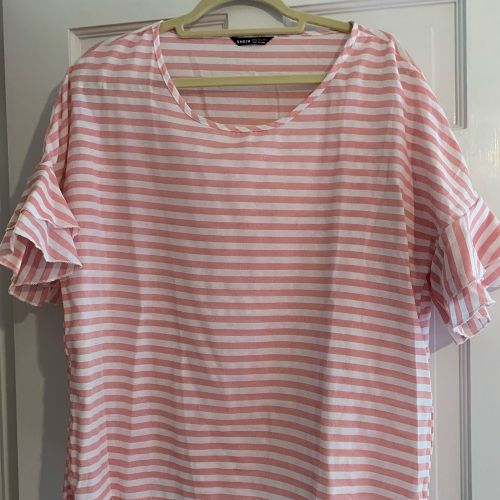 SHEIN pink and white shirt with ruffle sleeves